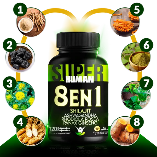 8 en 1 Cápsulas - Shilajit Ashwagandha Rhodiola Rosea Panax y Ginseng (120 Cápsulas)